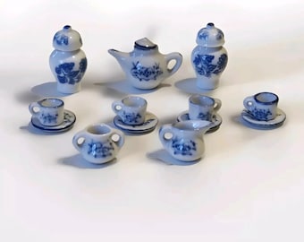Vintage Miniature Blue And White  Dollhouse Coffee/Tea set 13 Pieces