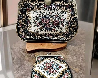 1950er Jahre Vintage romantischer viktorianischer Look Floral gestickter Wandteppich Geldbörse Cluch mit Geldbörse