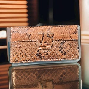 Puede incluir: Un bolso de mano de piel de serpiente marrón con un cierre decorativo. El bolso tiene una superficie texturizada y un brillo sutil.