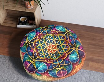 All Day Full Protection From Spiritual Shamany and His Gods - Protection Flower of Life - Magic Tufted Floor Pillow