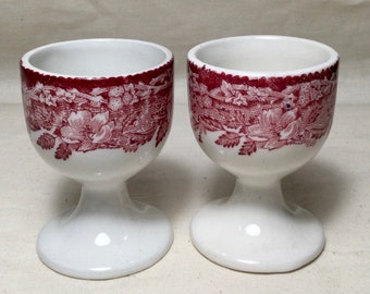 Vintage Red Transferware Egg Cups, Set of Two