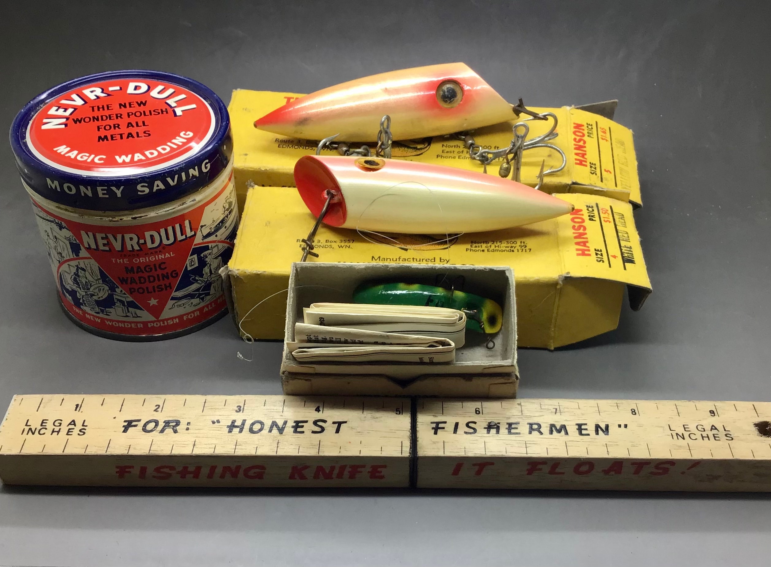 Antique Fishing Lure and Accessories Lot, Hanson True Action Plug