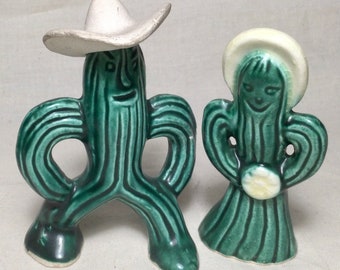 Anthropomorphic Cowboy and Bride Cactus Salt and Pepper Shakers, Vintage