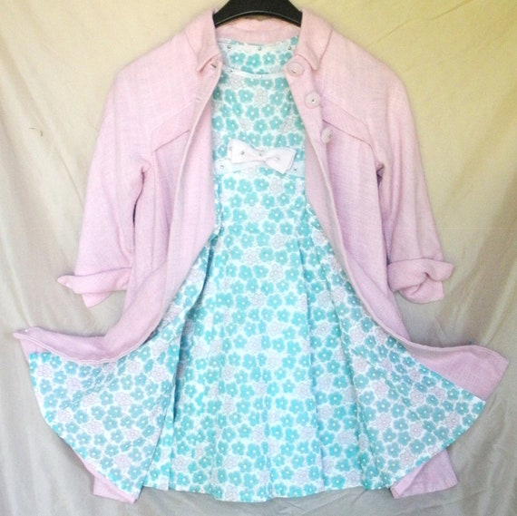 Girls Ensemble - Floral Dress and Coat Pink and B… - image 1