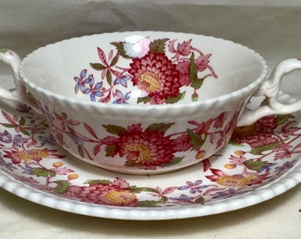 Copeland Spode Aster Soup Cups and Saucers, Set of Two, Pink Transferware