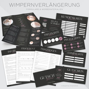 Kit marketing pour extensions de cils, comprenant formulaire de consentement, dépliant, carte de soins, bon d'achat, carte de visite, carte bonus, etc.