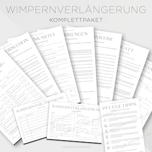 Puede incluir: Un conjunto de documentos impresos en blanco con el texto "WIMPERNVERLÄNGERUNG KOMPLETTPAKET" en negro. Los documentos incluyen formularios y hojas informativas, probablemente relacionados con extensiones de pestañas. El diseño es limpio y profesional.