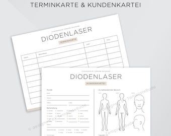 Kundenkartei Diodenlaser Behandlung mit Terminkarte, Kundenblatt für Diodenlaser Haarentfernung