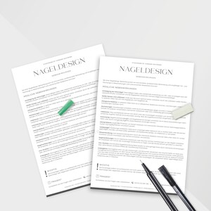 May include: Two white sheets of paper with the text "NAGELDESIGN" and "M&Ouml;GLICHE NEBENWIRKUNGEN" printed in black. A green pen, a white eraser, and two black pens are on the paper.