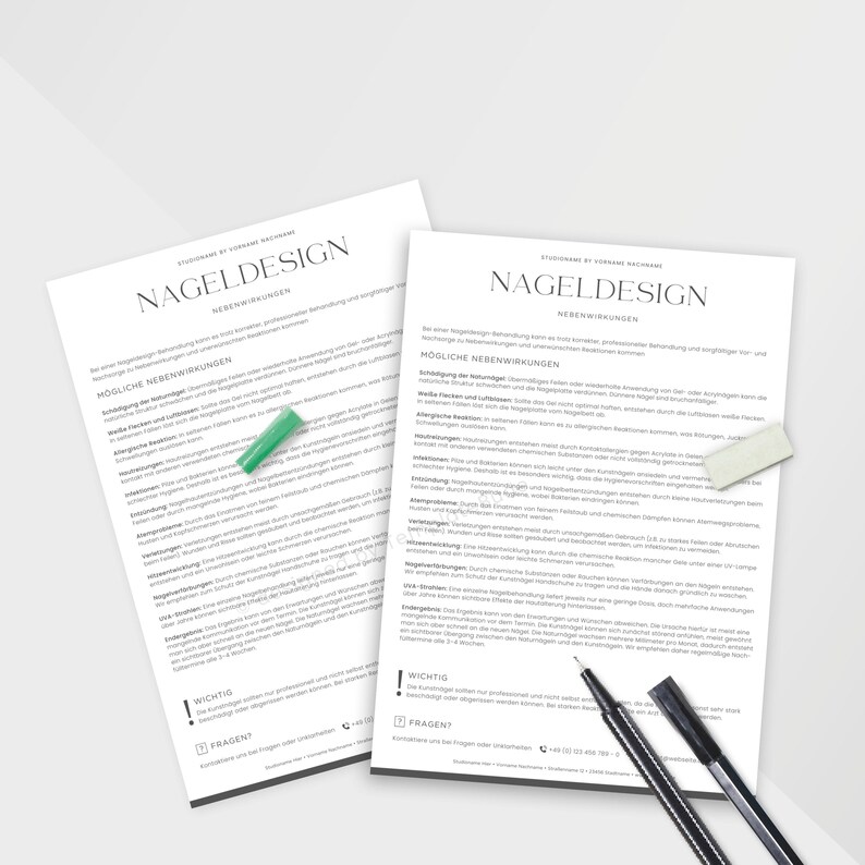 May include: Two white sheets of paper with the text "NAGELDESIGN" and "M&Ouml;GLICHE NEBENWIRKUNGEN" printed in black. A green pen, a white eraser, and two black pens are on the paper.
