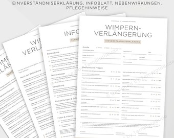 Formulare für Wimpernverlängerung, Nebenwirkungen, Pflegehinweise, Infoblatt für Wimpern Verlängerung