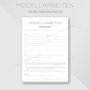 Op de afbeelding: Een zwart-witte, afdrukbare sjabloon voor modelwerkcontracten. De sjabloon bevat secties voor modelgegevens, overeenkomstgegevens en contactgegevens. De tekst "Modell Arbeiten Vereinbarungen" staat bovenaan de pagina.