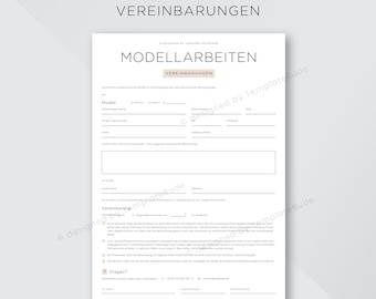 May include: A black and white printable template for model work agreements. The template includes sections for model details, agreement details, and contact information. The text "Modell Arbeiten Vereinbarungen" is at the top of the page.