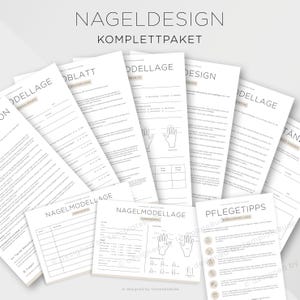 Könnte beinhalten: Eine Sammlung weißer Papierdokumente mit deutschem Text, darunter die Wörter "NAGELDESIGN" und "KOMPLETTPAKET". Die Dokumente enthalten Strichzeichnungen von Händen und Ausfüllfelder, die auf ein Nageldesign- oder Pflegethema hindeuten.