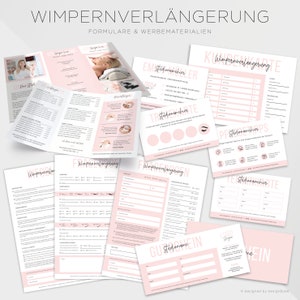 Kit marketing pour extensions de cils, comprenant formulaire de consentement, dépliant, carte de soins, bon d'achat, carte de visite, carte bonus, etc.
