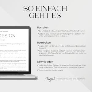 May include: A laptop displaying a design template with the text "SO EINFACH GEHT ES" at the top. The screen shows instructions for ordering, editing, and downloading the design. The design is for sale on Etsy.