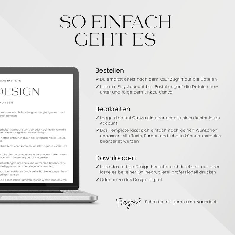 May include: A laptop displaying a design template with the text "SO EINFACH GEHT ES" at the top. The screen shows instructions for ordering, editing, and downloading the design. The design is for sale on Etsy.