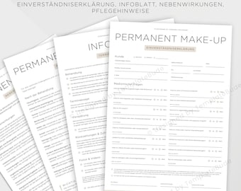 Aufnahmeformular für Permanent Make-Up, Einverständniserklärung und Infoblatt, Nebenwirkungen, Pflegehinweise PMU Behandlung