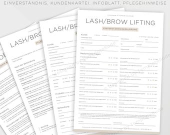 Einverständniserklärung für Lifting Wimpern und Lifting Augenbrauen, Kundenkartei, Pflegehinweise und Infoblatt