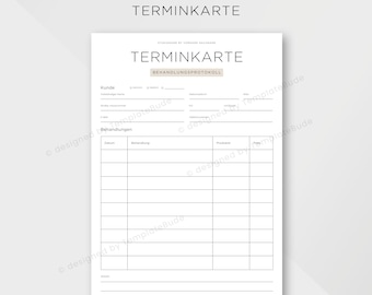 Terminkarte für Kosmetikstudio, Behandlungsprotokoll für kosmetische Behandlungen