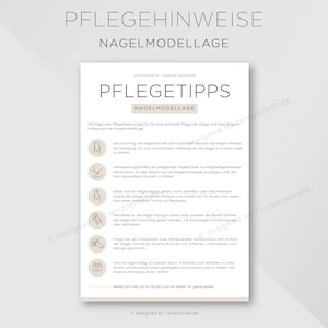 Könnte beinhalten: Ein weiß-beiger druckbarer Leitfaden mit dem Titel "Pflegehinweise Nagelmodellage" und "Pflegetipps Nagelmodellage". Der Leitfaden enthält Anweisungen zur Pflege von künstlichen Nägeln, wie z. B. das Vermeiden von Kratzern, die Verwendung von Handcreme und regelmäßige Auffüllungen.