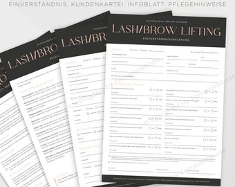 Einverständniserklärung für Lifting Wimpern und Lifting Augenbrauen, Kundenkartei, Pflegehinweise und Infoblatt