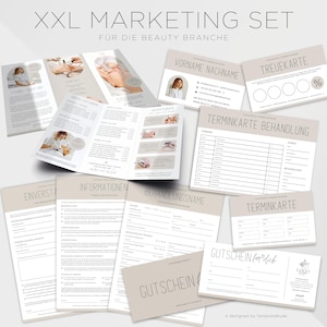 Kit marketing pour salon de beauté, comprenant formulaire de consentement, dépliant, bon, carte de visite, carte bonus, etc. pour studio de beauté