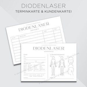 Kundenkartei Diodenlaser Behandlung mit Terminkarte, Kundenblatt für Diodenlaser Haarentfernung