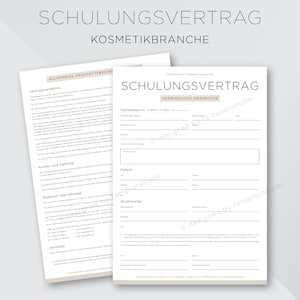 Puede incluir: Un contrato de formación en blanco y negro para la industria cosmética. El contrato incluye secciones para la información del participante, los detalles, el nombre del estudio y un certificado. El texto "SCHULUNGSVERTRAG" está en la parte superior del documento.