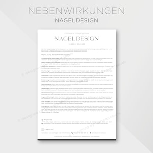 May include: A white document with the words "NEBENWIRKUNGEN NAGELDESIGN" at the top. The document lists possible side effects of nail design, with the title "M&Ouml;GLICHE NEBENWIRKUNGEN" in bold. The document includes text and a logo.