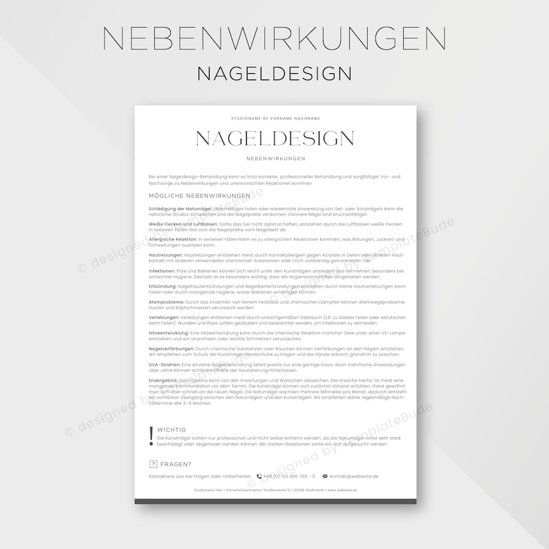 May include: A white document with the words "NEBENWIRKUNGEN NAGELDESIGN" at the top. The document lists possible side effects of nail design, with the title "M&Ouml;GLICHE NEBENWIRKUNGEN" in bold. The document includes text and a logo.