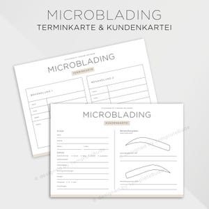 Könnte beinhalten: Zwei weiße Microblading-Formulare mit schwarzem Text. Das obere Formular ist mit „TERMINKARTE“ und das untere Formular mit „KUNDENKARTEI“ beschriftet. Die Formulare enthalten Abschnitte für Kundendaten und Behandlungspläne.