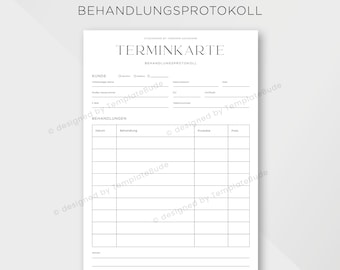 Terminkarte für Kosmetikstudio, Behandlungsprotokoll für kosmetische Behandlungen