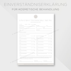 Puede incluir: Un formulario de consentimiento gris y blanco para tratamientos cosméticos. El formulario incluye secciones para la información del cliente, preguntas médicas y una línea de firma. El formulario está titulado "Einverständniserklärung für Kosmetische Behandlung" e incluye el logotipo "AMI".