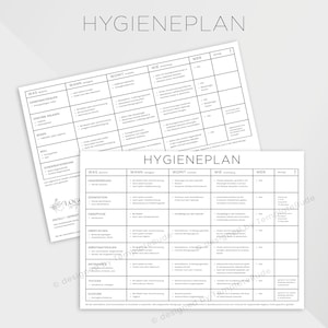 Könnte beinhalten: Zwei weiße Hygieneplan-Diagramme mit schwarzem Text. Die Diagramme tragen die Überschrift "HYGIENEPLAN" und enthalten Spalten mit den Bezeichnungen "WAS", "WANN", "WOMIT", "WIE" und "WER". Die Diagramme dienen dazu, Informationen zu organisieren und anzuzeigen.
