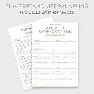 Könnte beinhalten: Zwei weiße Papierformulare mit deutschem Text. Das obere Formular lautet "EINVERSTÄNDNISERKLÄRUNG MANUELLE LYMPHDRAINAGE". Das zweite Formular lautet "INFO" und enthält eine Liste von Begriffen. Die Formulare befinden sich auf hellem beigefarbenem Hintergrund.