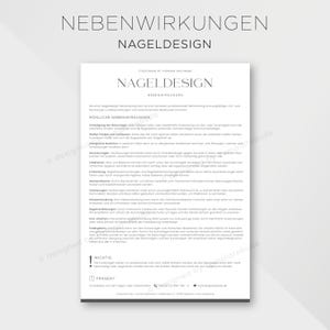 May include: A white document with the words "NEBENWIRKUNGEN NAGELDESIGN" at the top. The document lists possible side effects of nail design, with the title "NAGELDESIGN NEBENWIRKUNGEN" in the center. The document includes text and a logo.
