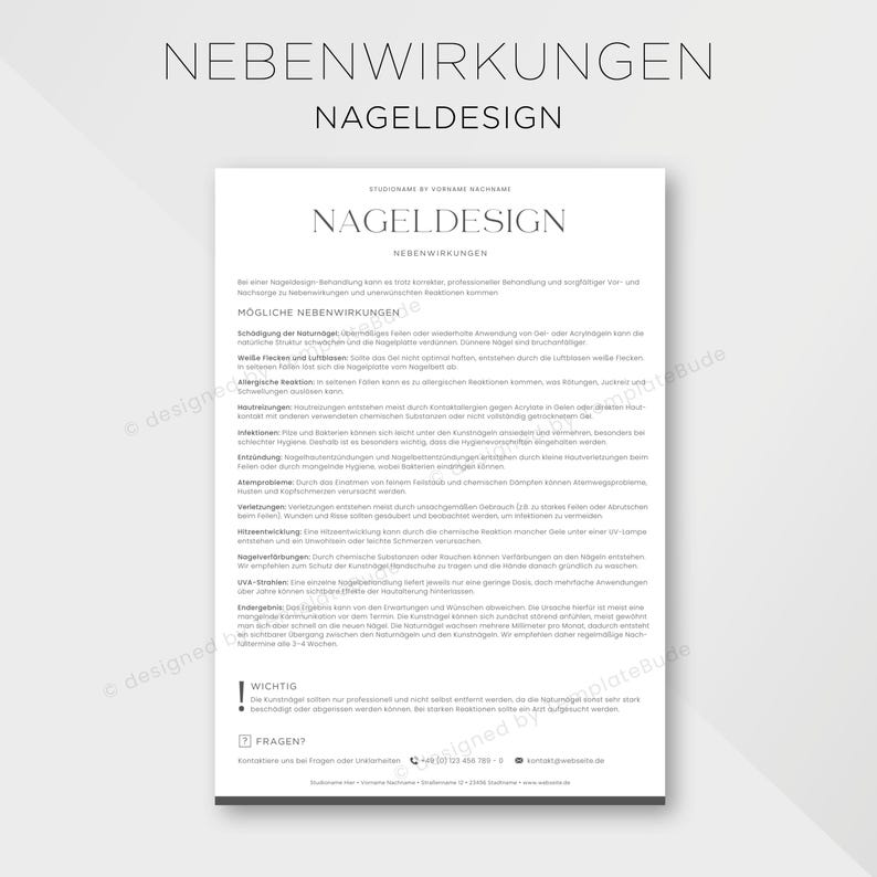 May include: A white document with the words "NEBENWIRKUNGEN NAGELDESIGN" at the top. The document lists possible side effects of nail design, with the title "NAGELDESIGN NEBENWIRKUNGEN" in the center. The document includes text and a logo.