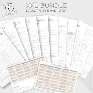 Puede incluir: Un conjunto de formularios de papel blanco con el texto "XXL BUNDLE BEAUTY FORMULARE" y "16 SEITEN". Los formularios incluyen secciones para tratamientos de belleza y un "HYGIENEPLAN".