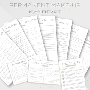 Op de afbeelding: Een set printbare formulieren voor permanente make-up diensten. De formulieren bevatten klantgegevens, toestemmingsformulieren en nazorg instructies. De formulieren zijn ontworpen in een minimalistische stijl met een neutrale kleurenpalet.