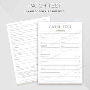 Könnte beinhalten: Ein schwarz-weißes Formular mit dem Titel "Patch Test" und dem deutschen Text "Fragebogen Allergietest" sowie einem Abschnitt für Kundeninformationen, Notfallkontakt und medizinische Fragen.