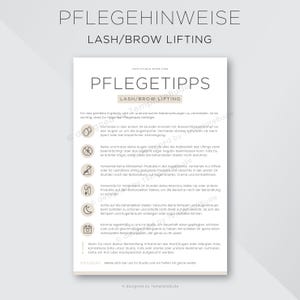 Puede incluir: Una hoja de información beige y marrón con el título "Pflegehinweise Lash/Brow Lifting" y una sección titulada "Pflegetipps Lash/Brow Lifting". La hoja proporciona instrucciones para el cuidado posterior a un procedimiento de lifting de pestañas o cejas. Las instrucciones incluyen evitar el agua, frotar y usar productos a base de aceite en el área tratada durante 24 horas.