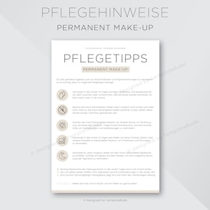 Könnte beinhalten: Ein beige-braunes Informationsblatt mit dem Titel "Pflegehinweise Permanent Make-Up" und "Pflegetipps Permanent Make-Up". Das Blatt enthält Anweisungen zur Pflege von Permanent Make-up, einschließlich der Vermeidung von Wasserkontakt, Sonneneinstrahlung und Make-up in den ersten 10 Tagen.