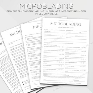 Op de afbeelding: Een stapel witte Microblading-formulieren met zwarte tekst. De formulieren bevatten secties voor klantinformatie, behandelingsdetails, nazorginstructies en medische vragen. Voor een schoonheids- of cosmetische dienst.