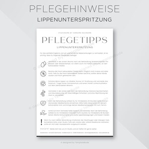 Könnte beinhalten: Ein schwarzes und weißes Informationsblatt mit dem Titel "Pflegehinweise Lippenunterspritzung" und "Pflegetipps Lippenunterspritzung". Das Blatt enthält Anweisungen für die Nachsorge nach einer Lippeninjektion. Die Anweisungen umfassen die Vermeidung von direkter Sonneneinstrahlung, übermäßigem Schwitzen und dem Berühren der behandelten Stelle. Es wird auch empfohlen, Alkohol und Rauchen für einen bestimmten Zeitraum nach dem Eingriff zu vermeiden.