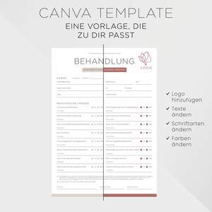 May include: A template design for Canva, featuring a treatment form with sections for customer information and medical questions. The design includes a logo, and options to add a logo, change text, fonts, and colors. The text "CANVA TEMPLATE" is at the top.