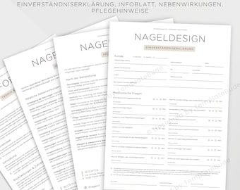 Kundenformulare für Nageldesign, Nagelmodellage in Nagelstudio Formulare, Pflegehinweise, Nebenwirkungen
