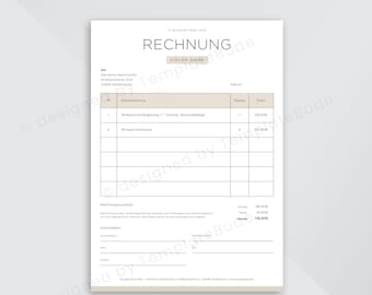 Puede incluir: Una plantilla de factura beige y blanca con el texto "RECHNUNGSVORLAGE" en la parte superior. La factura incluye campos para servicios, cantidades y precios. Las palabras "VIELEN DANK" también son visibles. El diseño es limpio y minimalista.