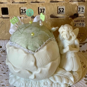 Garden Fairy Ivory Bisque Pincushion OOAK  Designer Fabric Sewing Needle holder Pinkeep Prayer Fairy
