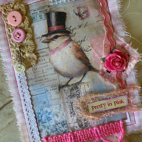 Pretty In Pink Journal Topper Pink Bird  Mixed Media OOAK Diary Cover Handmade Journal Embellishment Bird Art